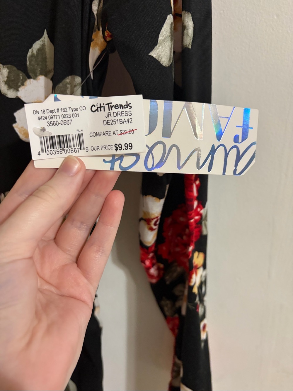 Almost Famous Black Long Sleeve Dress with Red & Cream Floral Print - Picture 2 of 5